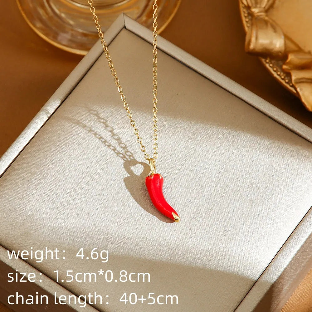 Red delicate indie cherry strawberry pepper necklace with titanium steel O-ring chain and golden pendant