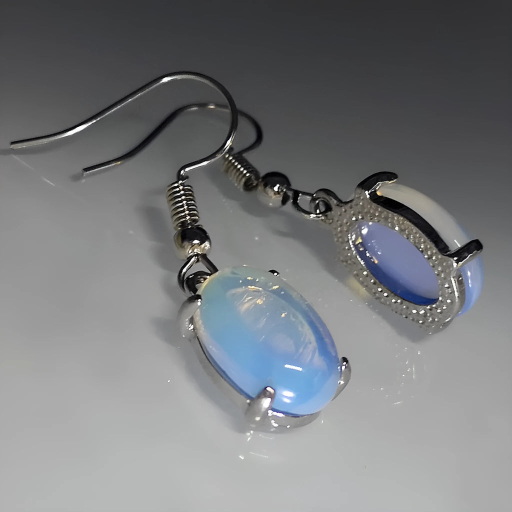 Moonlight white opal drop earrings with ellipse shape and alloy electroplated finish