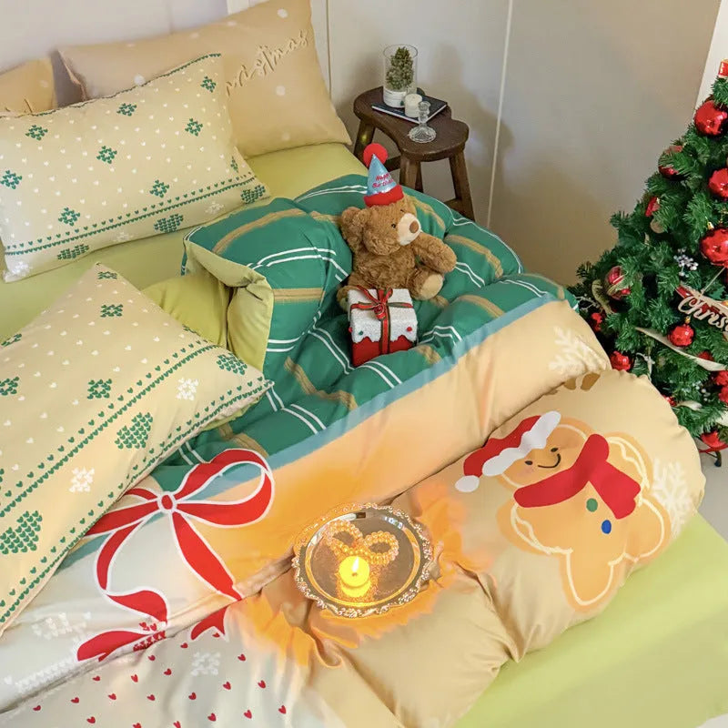 Christmas style super soft washed cotton printed four-piece bedding set with cartoon digital print patterns