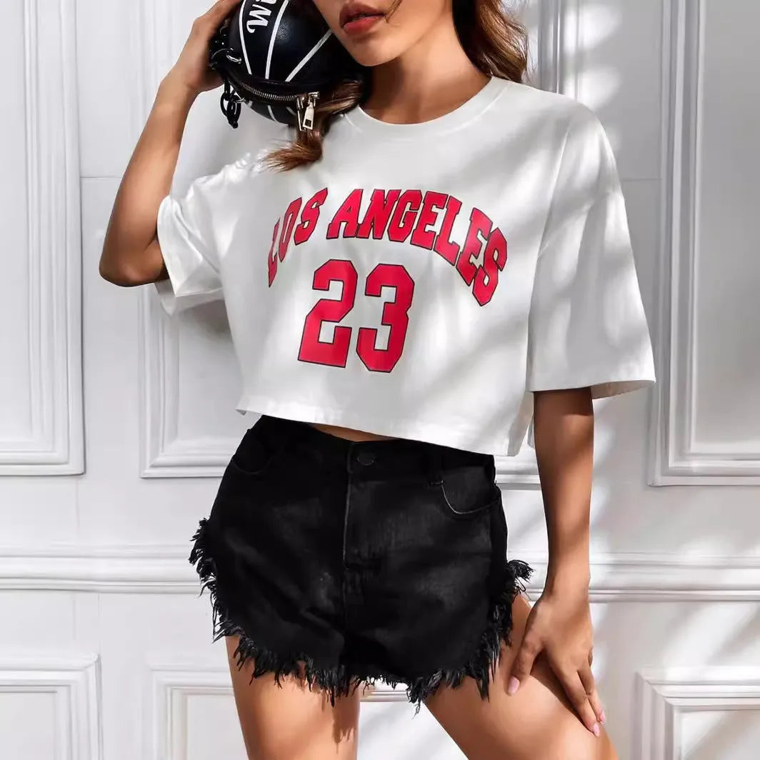 Black cotton summer t-shirt with personalised white English letters print and exposed navel design