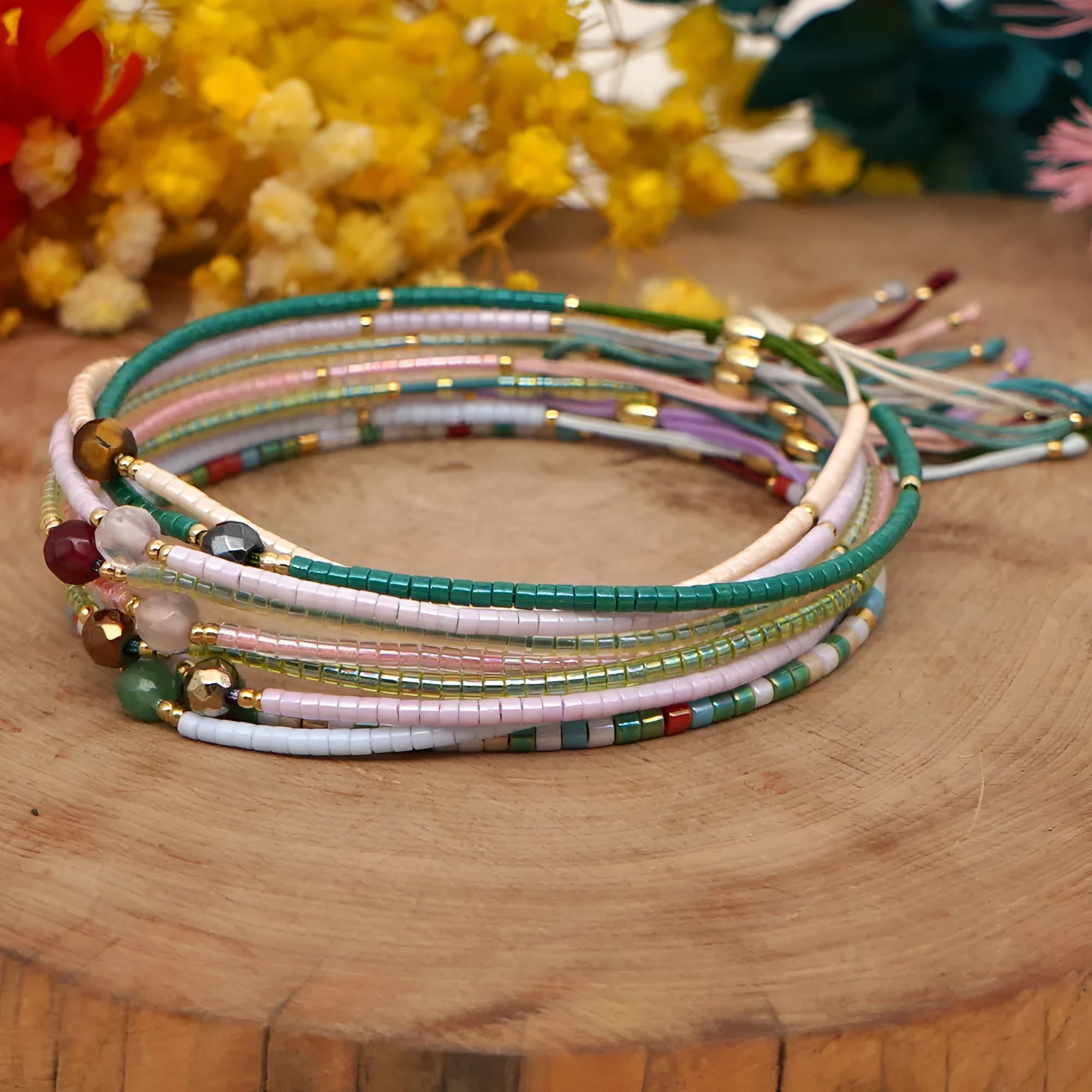 Women's colourful beaded bracelet with geometric glass beads in bohemian style