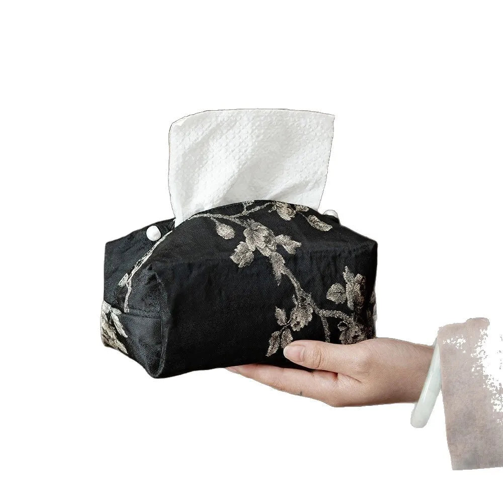 New Chinese style brocade fabric tissue box with white plum blossom embroidery.