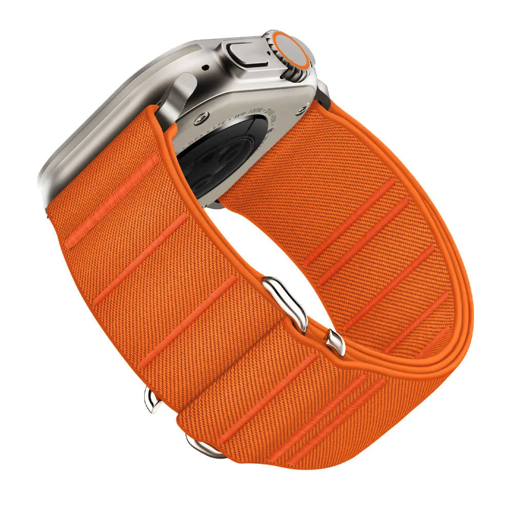 Elastic nylon Apple Watch band with stainless steel buckle in multiple colour options.