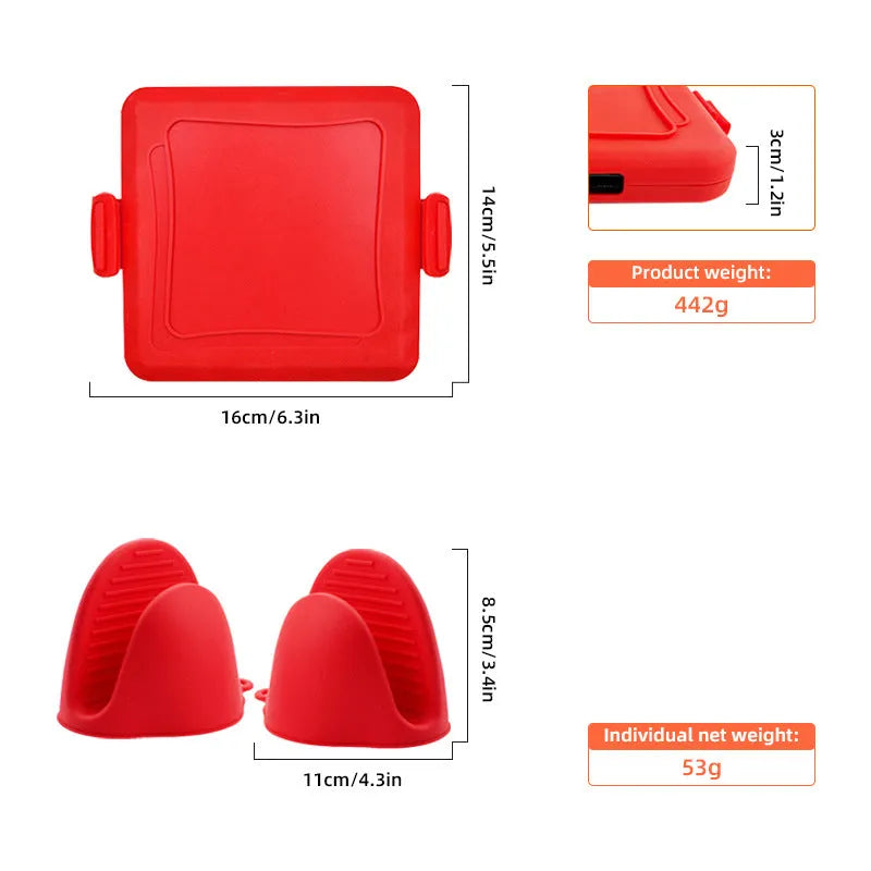 Silicone baking tray with anti-scald handbag handles and matching gloves in red colour