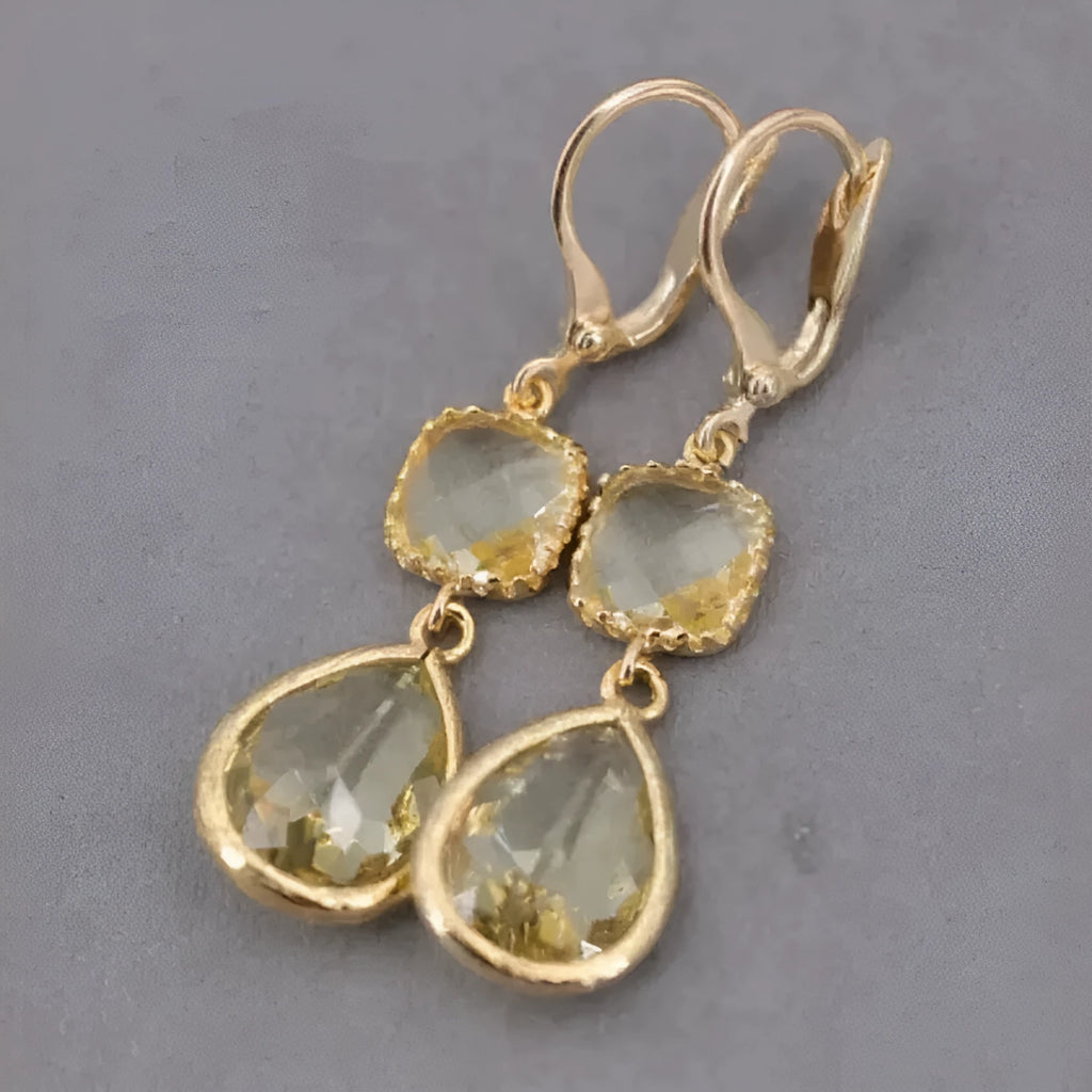 Gold geometric retro earrings with long crystal fringe and water droplet elements