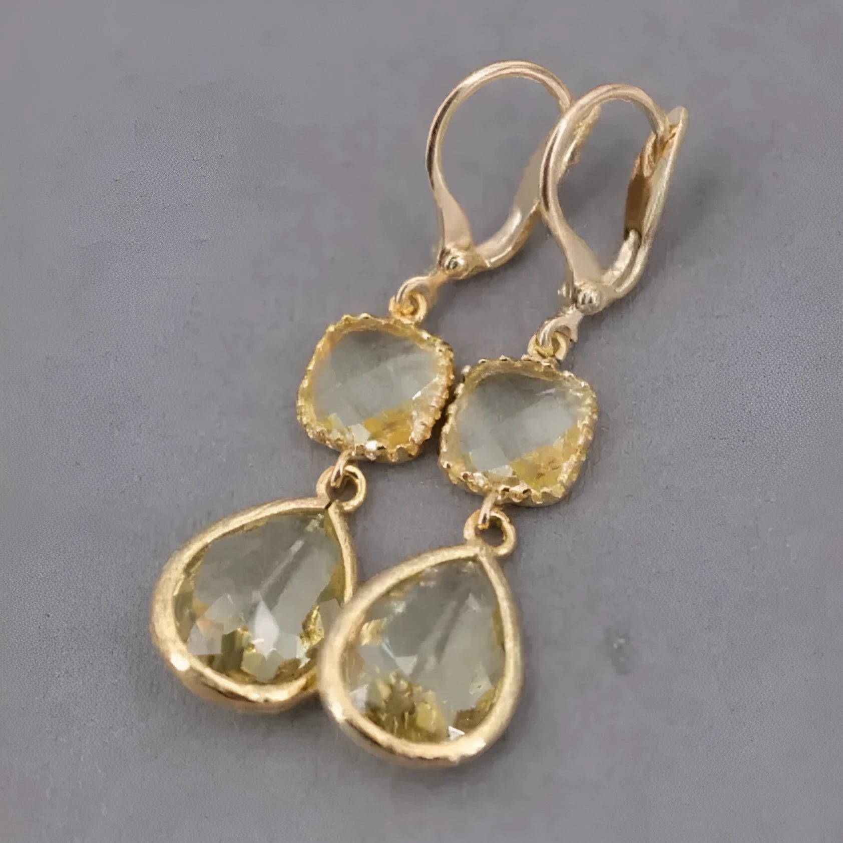 Gold geometric retro earrings with long crystal fringe and water droplet elements