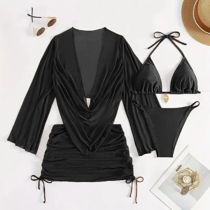 Dark brown lace-up backless women's bikini swimsuit laid flat