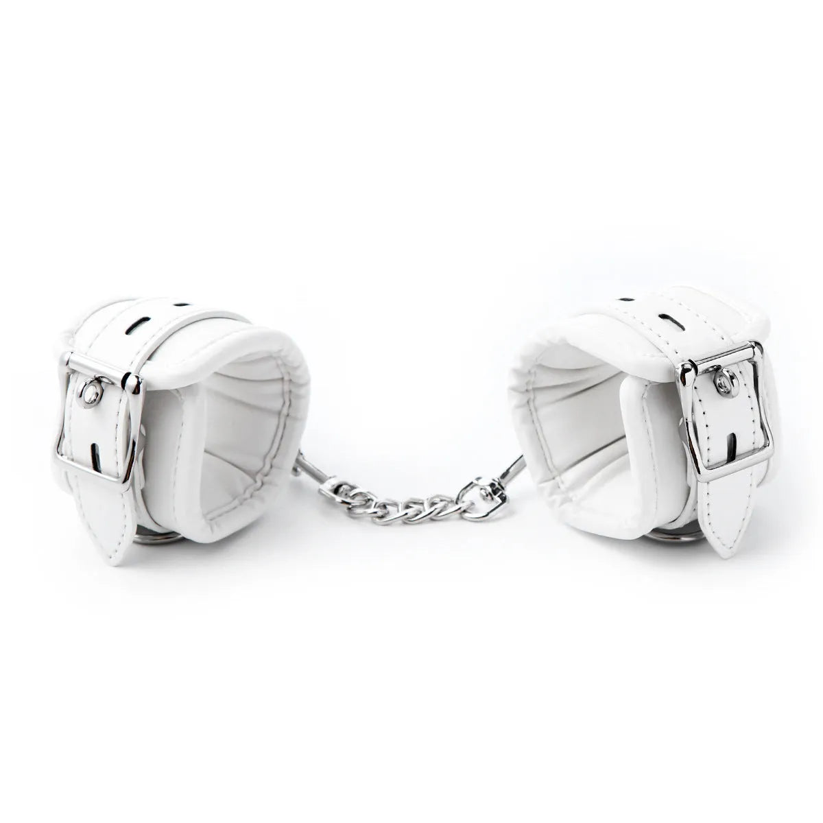 White PU sponge bondage set showing handcuffs, ankle cuffs, and a neck restraint collar.