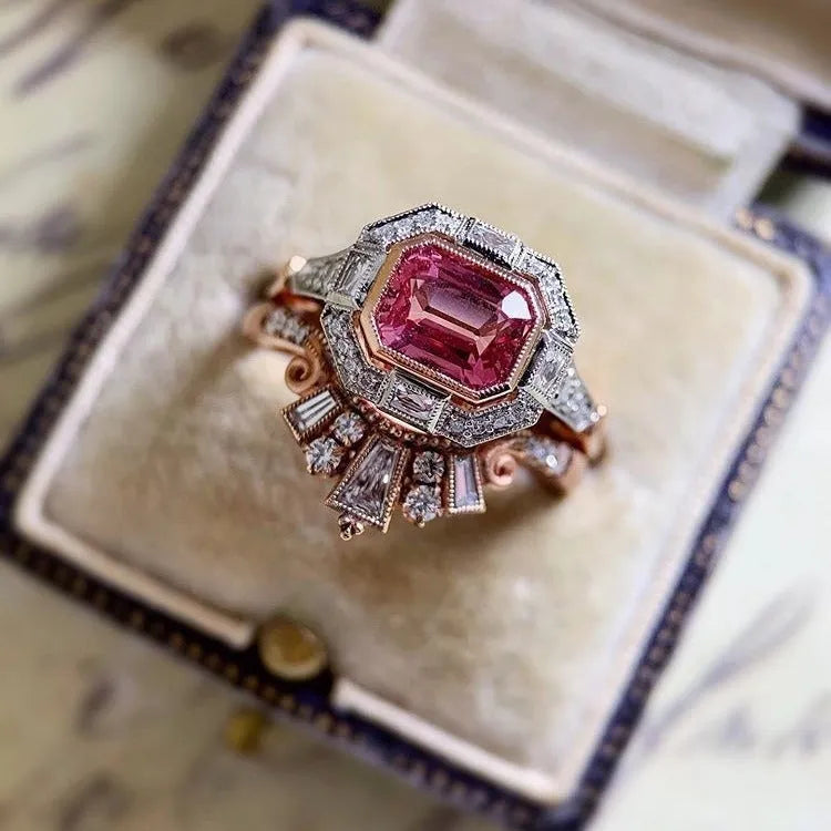 Women's geometric ring with rose gold finish and ruby accents, retro European and American style