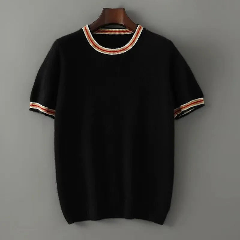 Men's grey pure wool short sleeve round neck sweater pullover laid flat