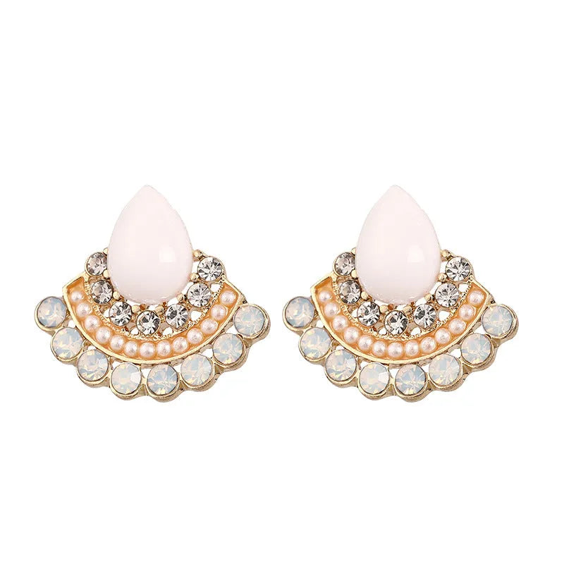 Retro silver fan-shaped earrings with needle opal and rhinestone geometric design