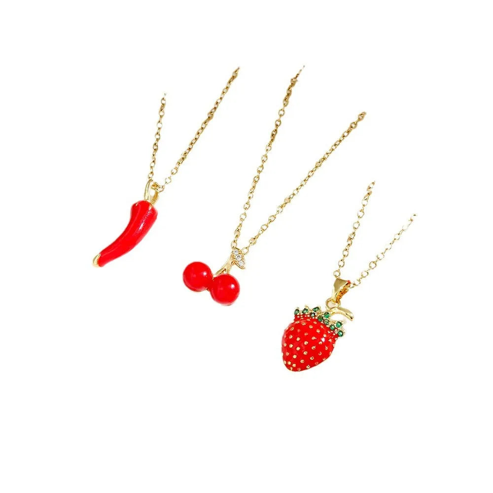 Red delicate indie cherry strawberry pepper necklace with titanium steel O-ring chain and golden pendant