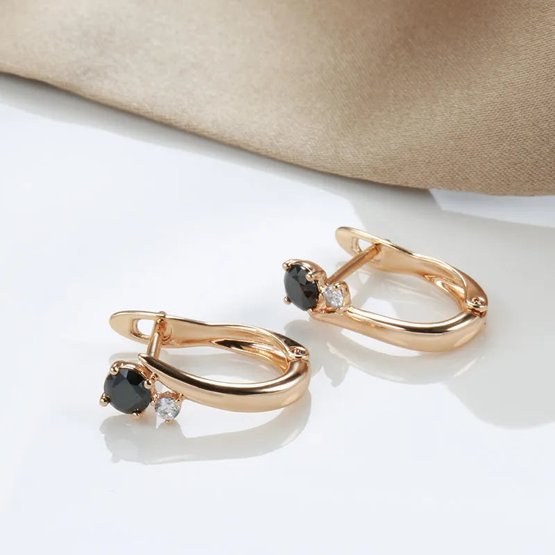 Women's black agate drop earrings in gold with geometric retro design and artificial gemstone inlay