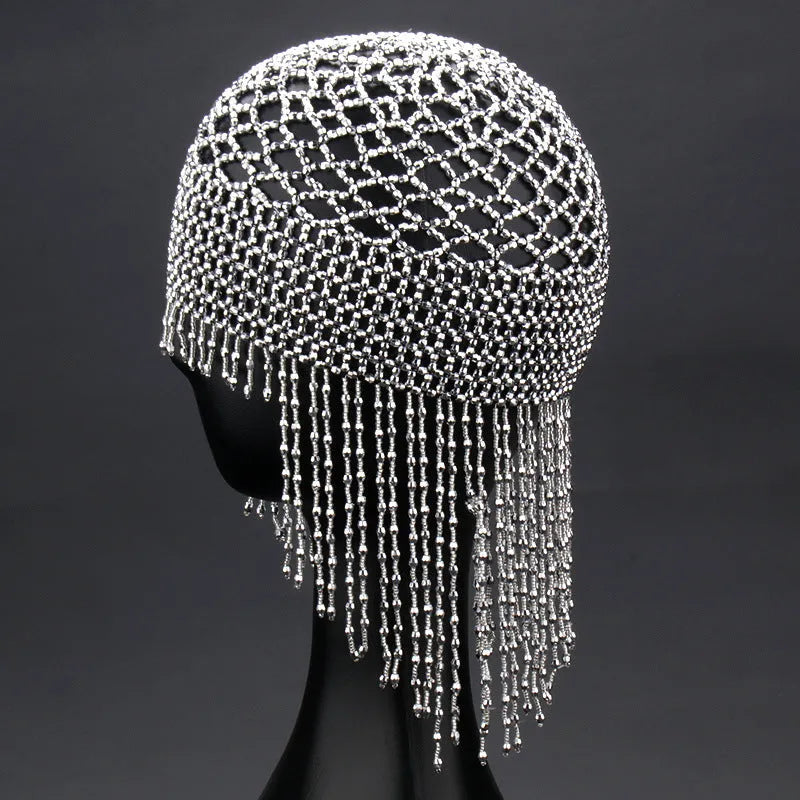 Alloy belly dance hat hair ornament with beaded tassels, 23cm wide decorative mesh