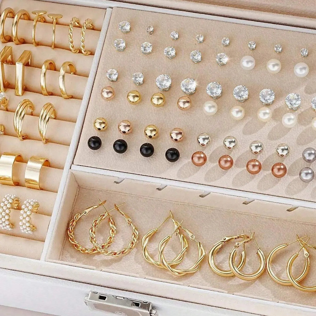 108 geometric alloy earrings with gold and yellow electroplated finishes arranged in combination set