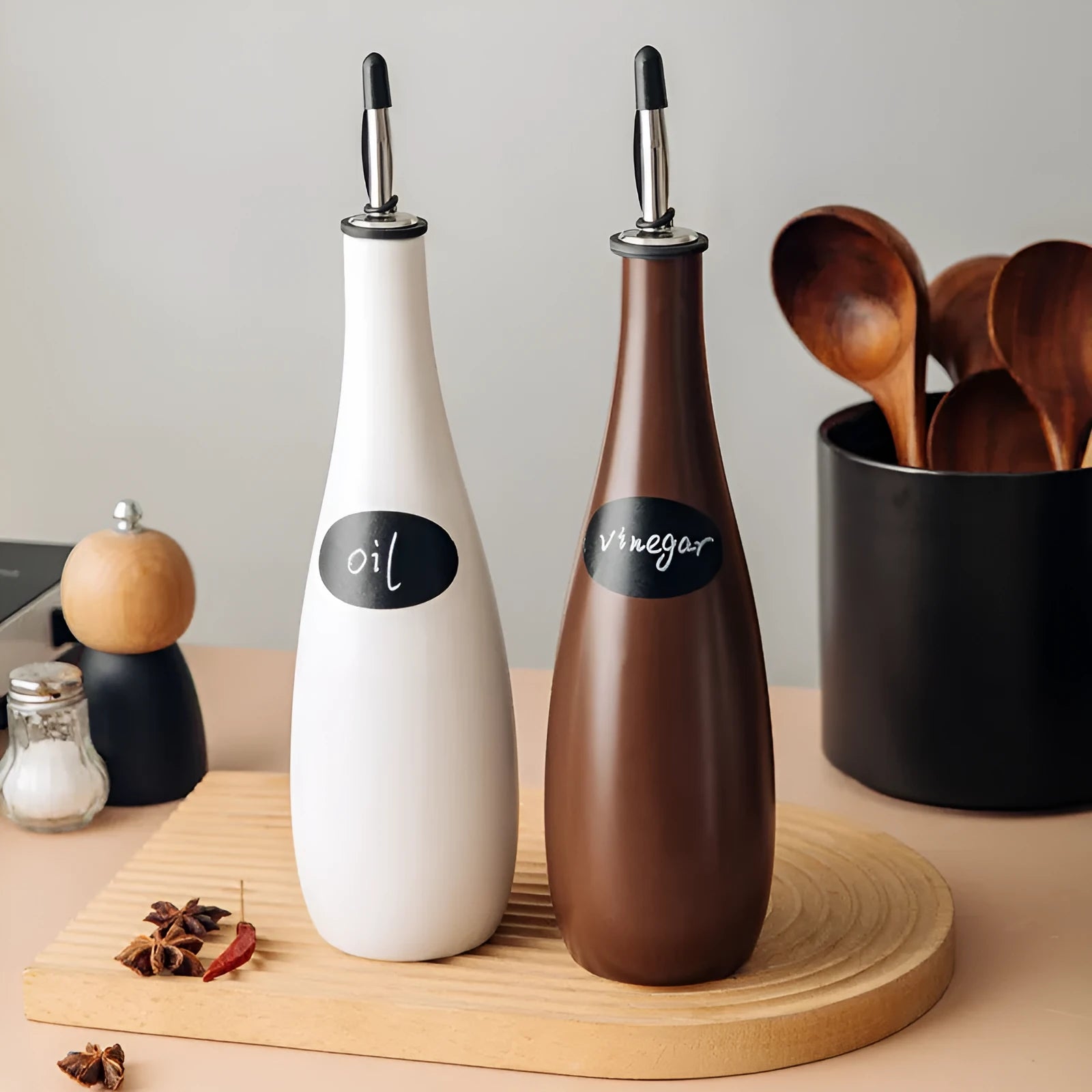 Ceramic oil pot with brush and funnel in black, coffee, or white colour, 650ml capacity.