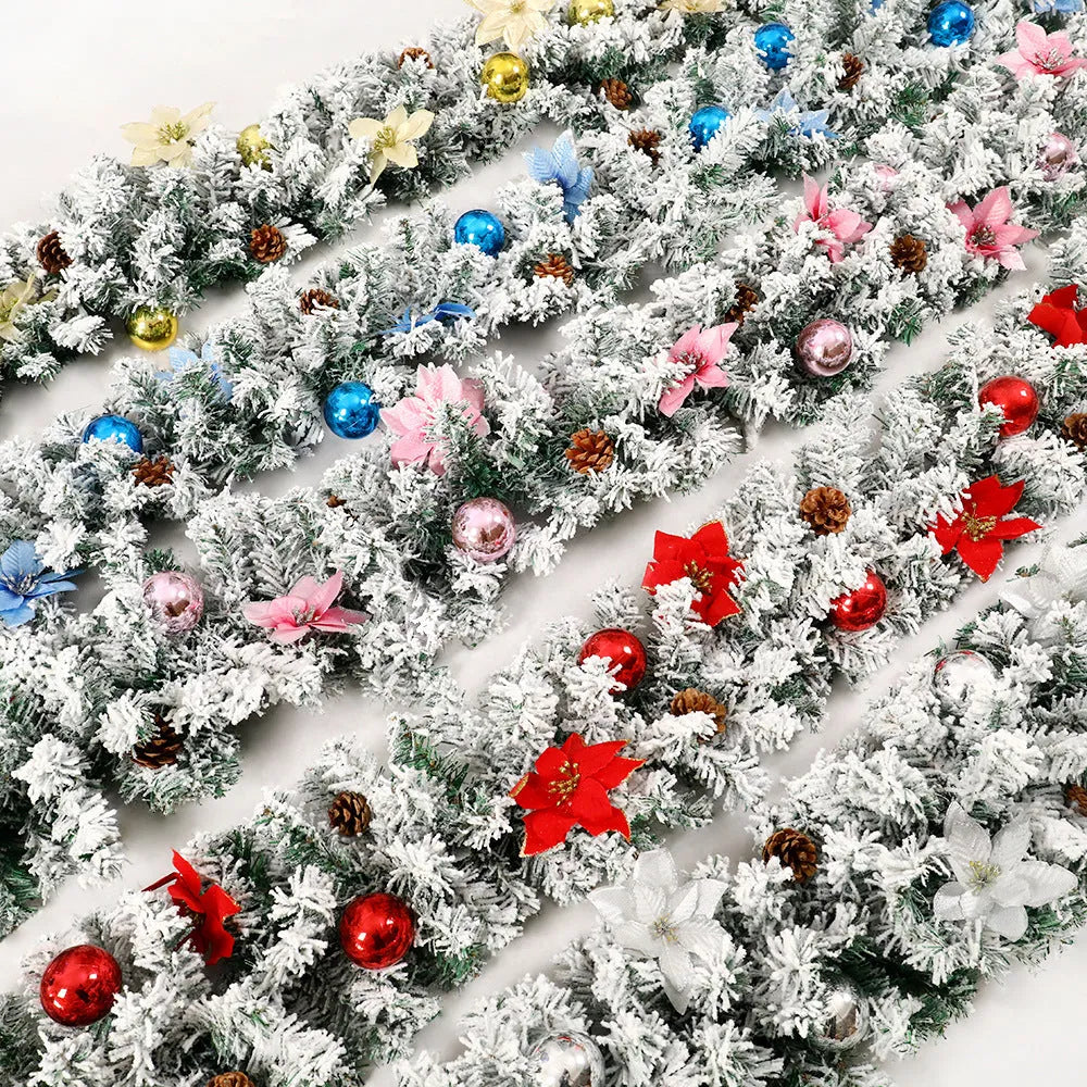 Christmas rattan garland with flocking decoration in multiple colour options