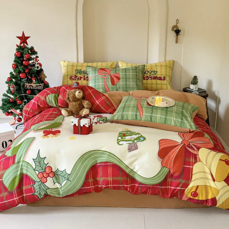 Christmas style super soft washed cotton printed four-piece bedding set with cartoon digital print patterns