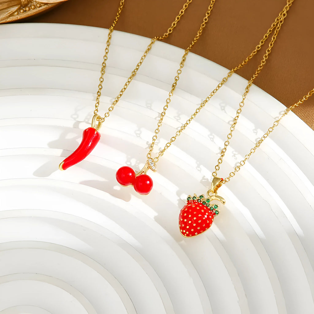 Red delicate indie cherry strawberry pepper necklace with titanium steel O-ring chain and golden pendant