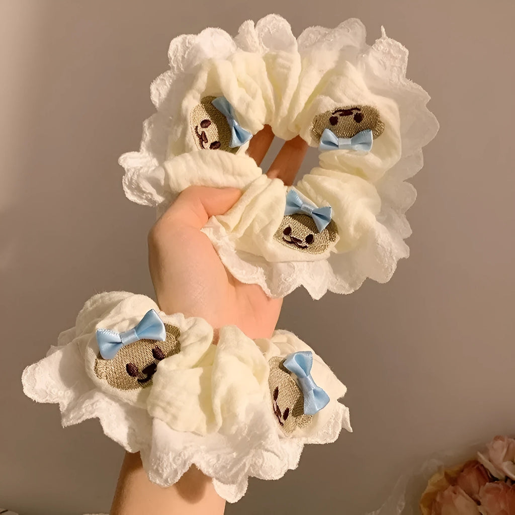 Bear blue bow lace large intestine hair ring made from polyester cloth with high elasticity band