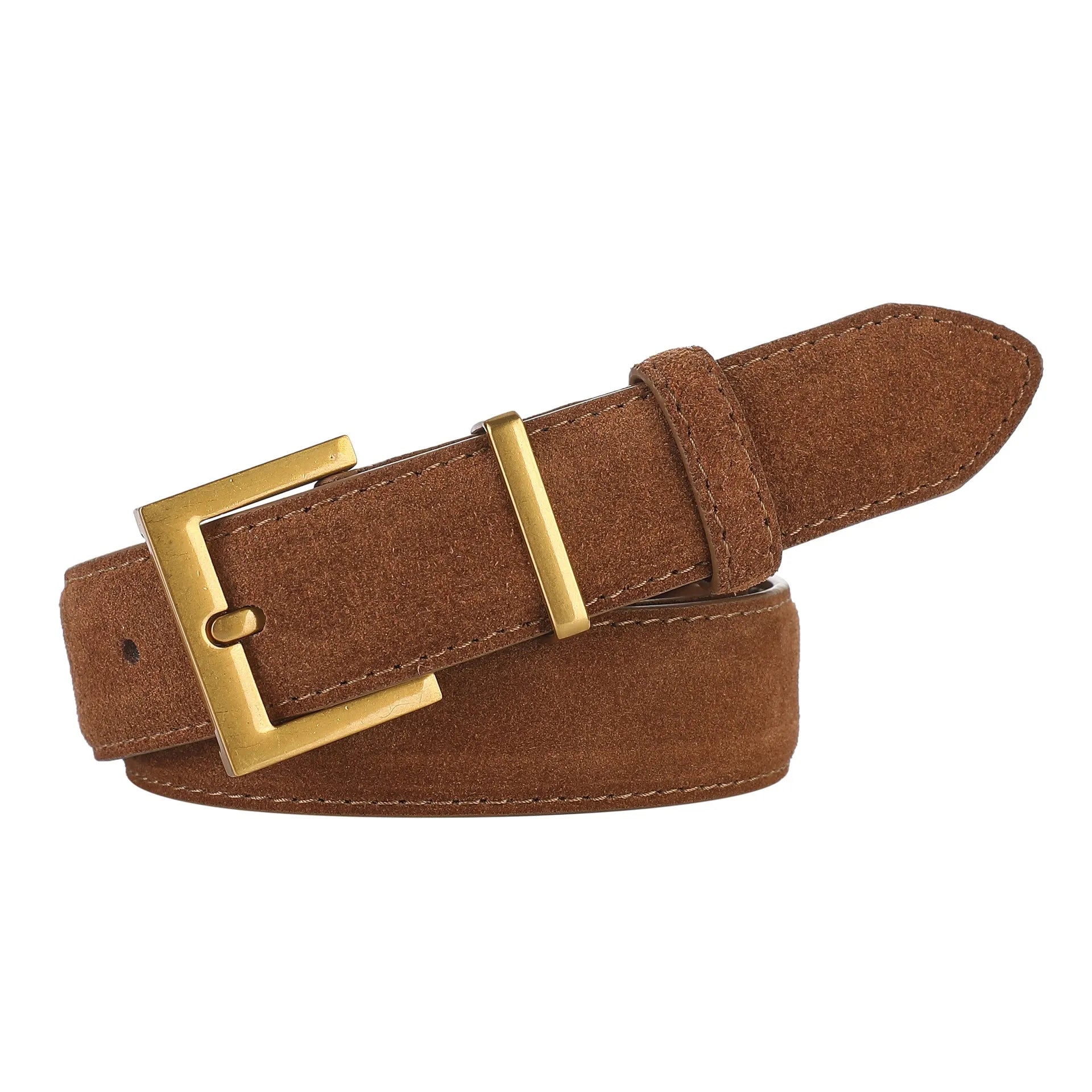 Ladies' leather pin buckle belt in black, caramel, dark brown, or light brown with quadrilateral alloy buckle