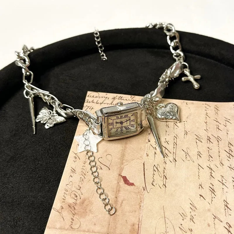 Dark style multi-layer cross necklace with hemp flower chain, adjustable 41-50cm length.