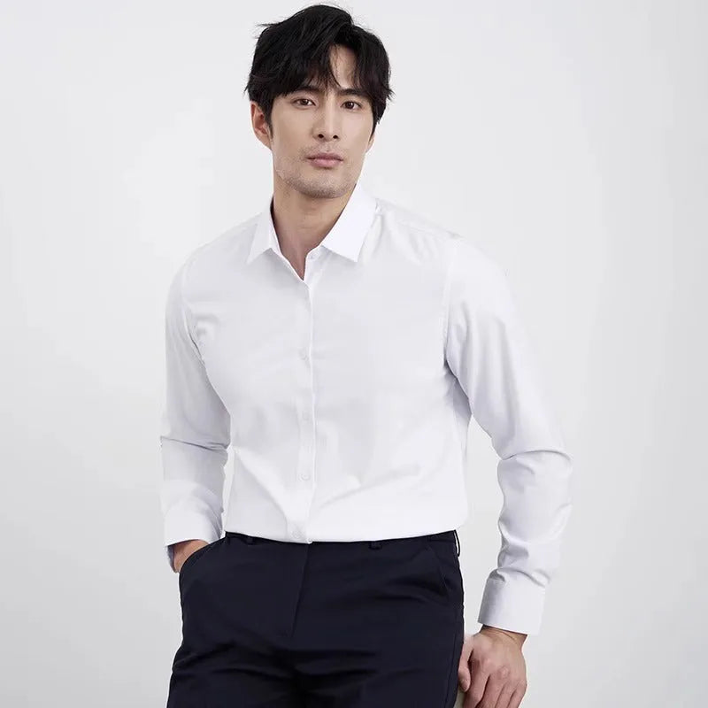 Men's wine red slim fit long sleeve shirt in polyester blend fabric
