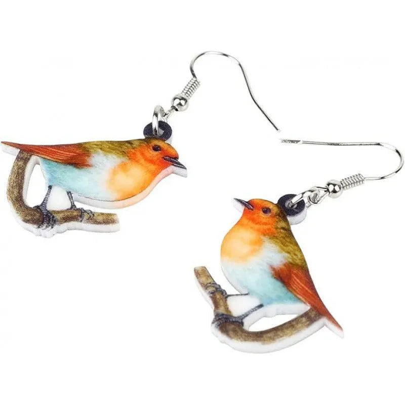 Pair of blue titmouse bird design pendant earrings made from printed acrylic.