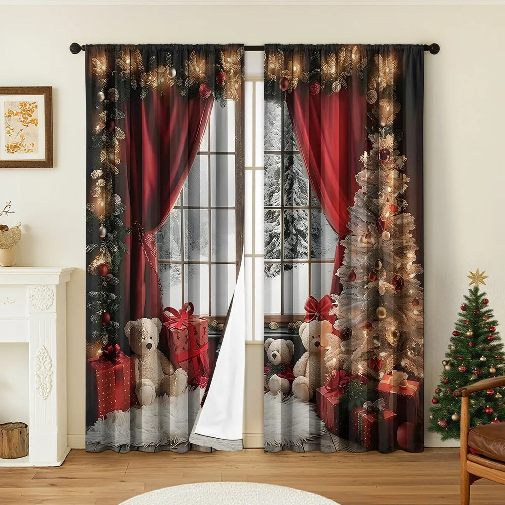 Set of two 3D digitally printed Christmas curtains with festive patterns