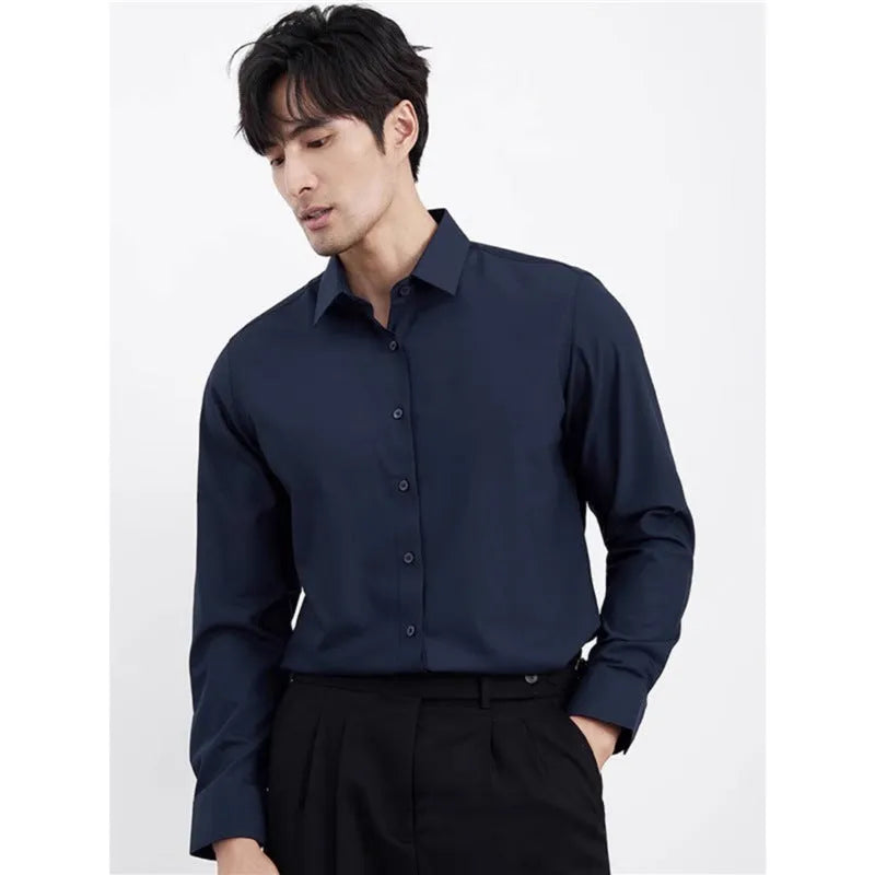 Men's wine red slim fit long sleeve shirt in polyester blend fabric