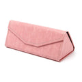 Handmade black triangular folding glasses case for full rim spectacles, shown open and closed.