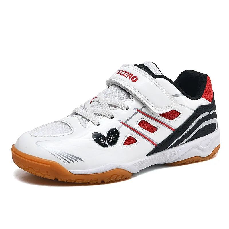 White and blue PVC badminton shoes with a ribbed sole and low-top casual design