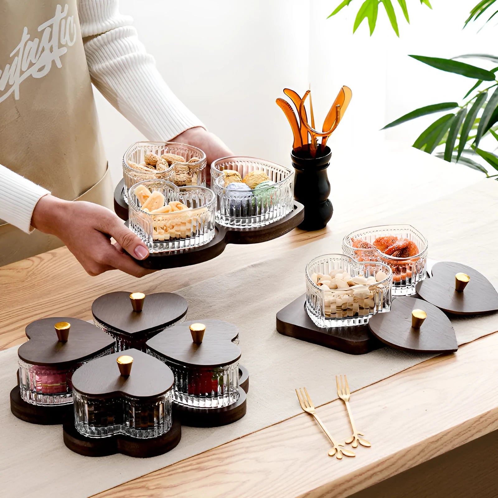 Glass snack serving tray with transparent heart-shaped lid in retro style, shown in 2-grid, 3-grid, 4-grid, and 5-grid options.