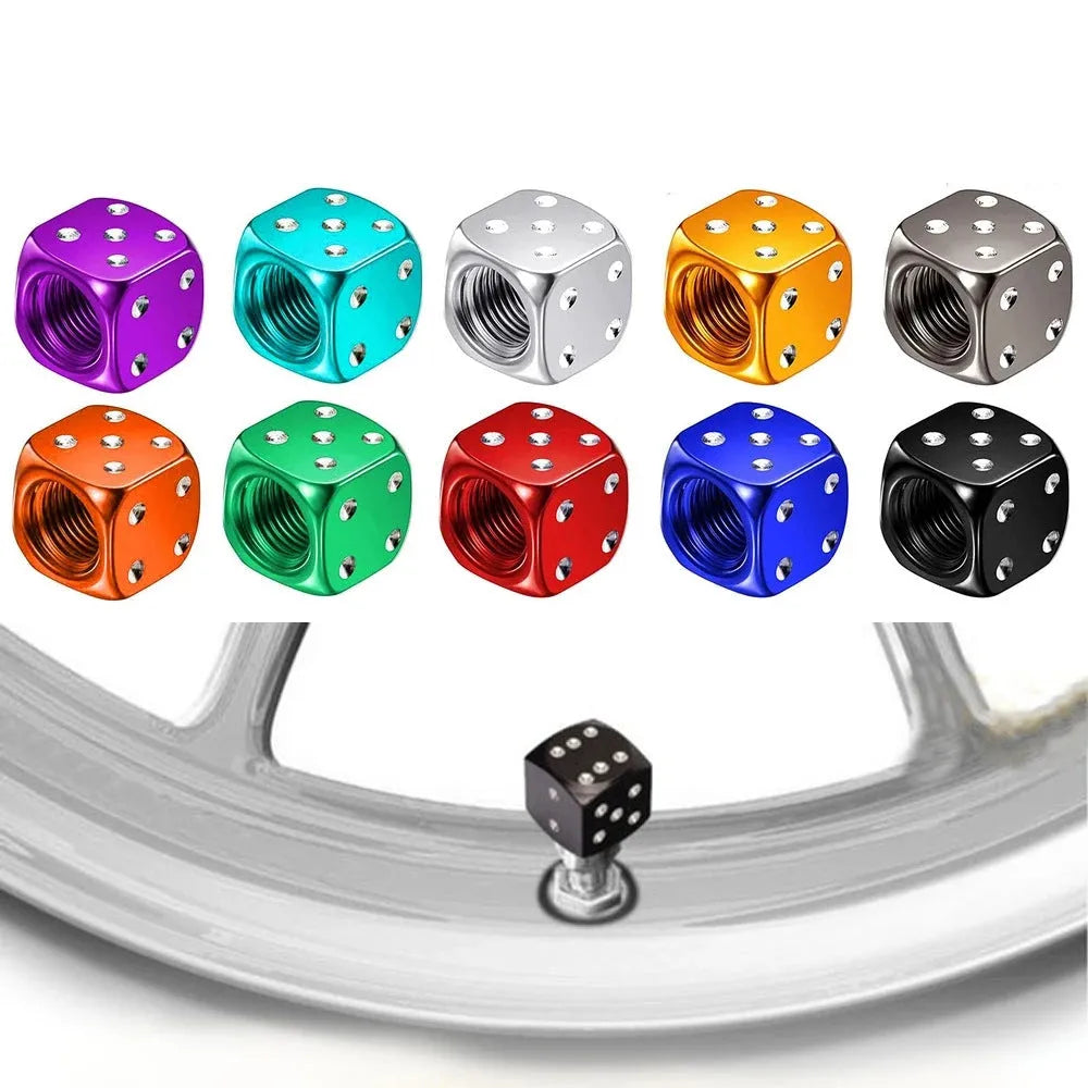 Aluminium alloy dice valve cap in assorted colours for American valve stems on car and motorcycle wheels.