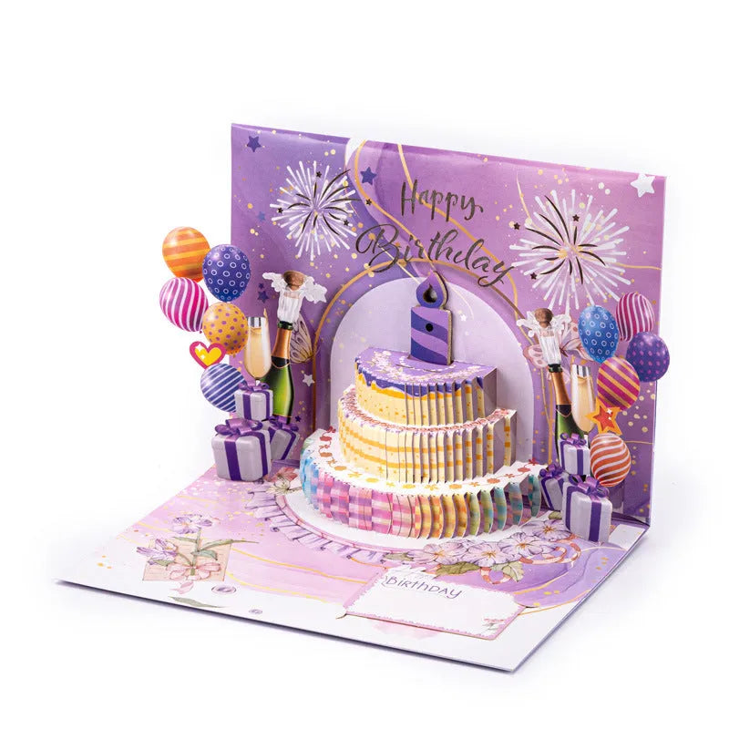 3D pop-up cake greeting card with Chinese ink style artwork, showing dimensional depth