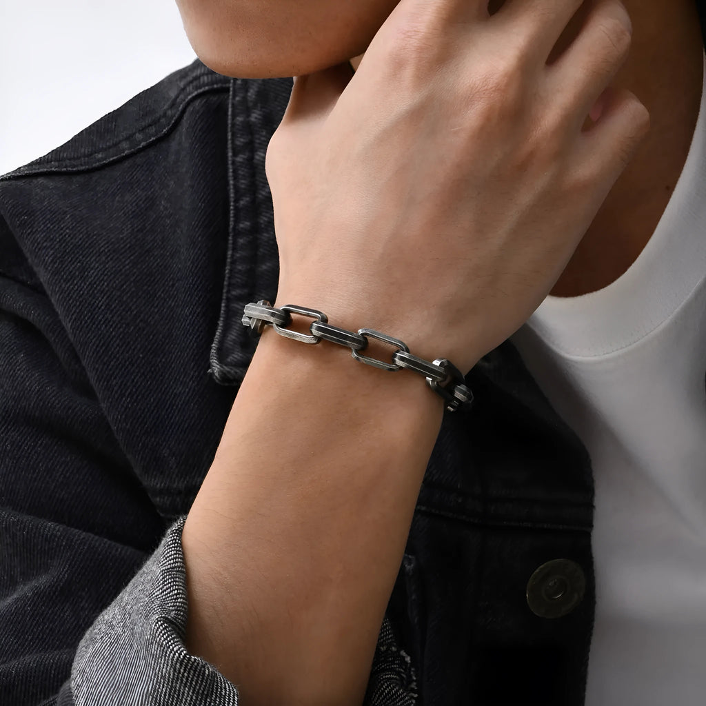 Men's stainless steel square chain bracelet in steel, gold, black and retro colour options