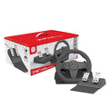 Black multi-platform USB racing wheel with two pedals and a manual bracket for PC and console gaming.
