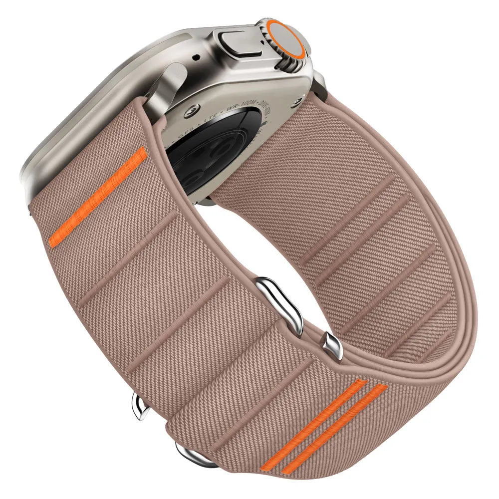 Elastic nylon Apple Watch band with stainless steel buckle in multiple colour options.