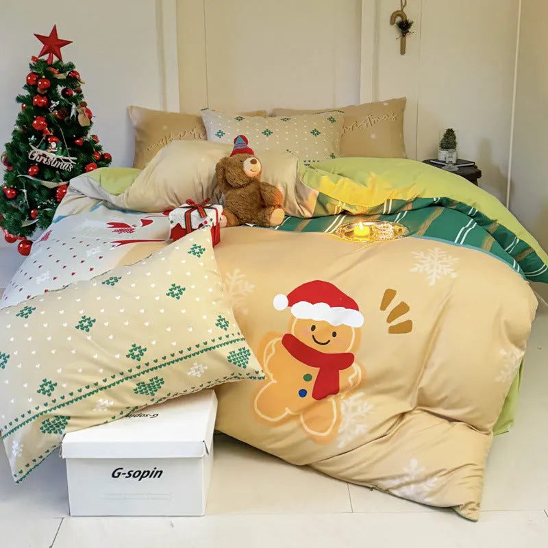 Christmas style super soft washed cotton printed four-piece bedding set with cartoon digital print patterns