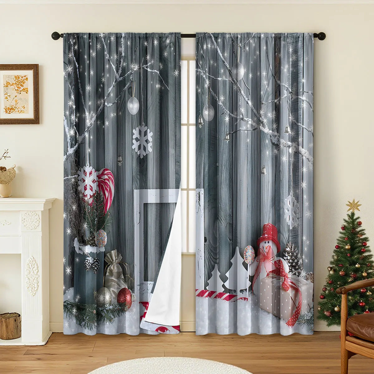 Set of two 3D digitally printed Christmas curtains with festive patterns