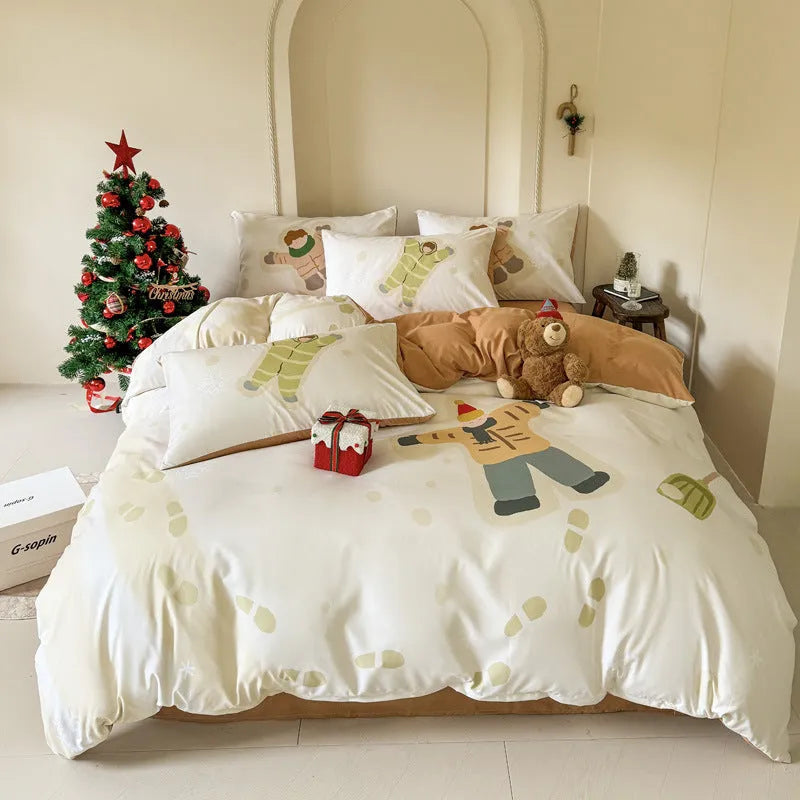 Christmas style super soft washed cotton printed four-piece bedding set with cartoon digital print patterns