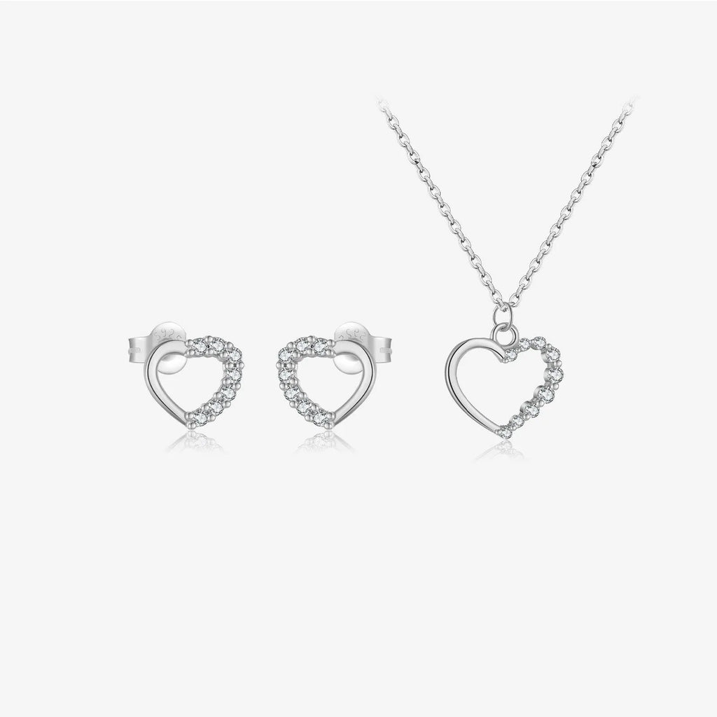 S925 sterling silver hollow heart and circle pendant necklace on a regular chain, shown in two colour finishes.