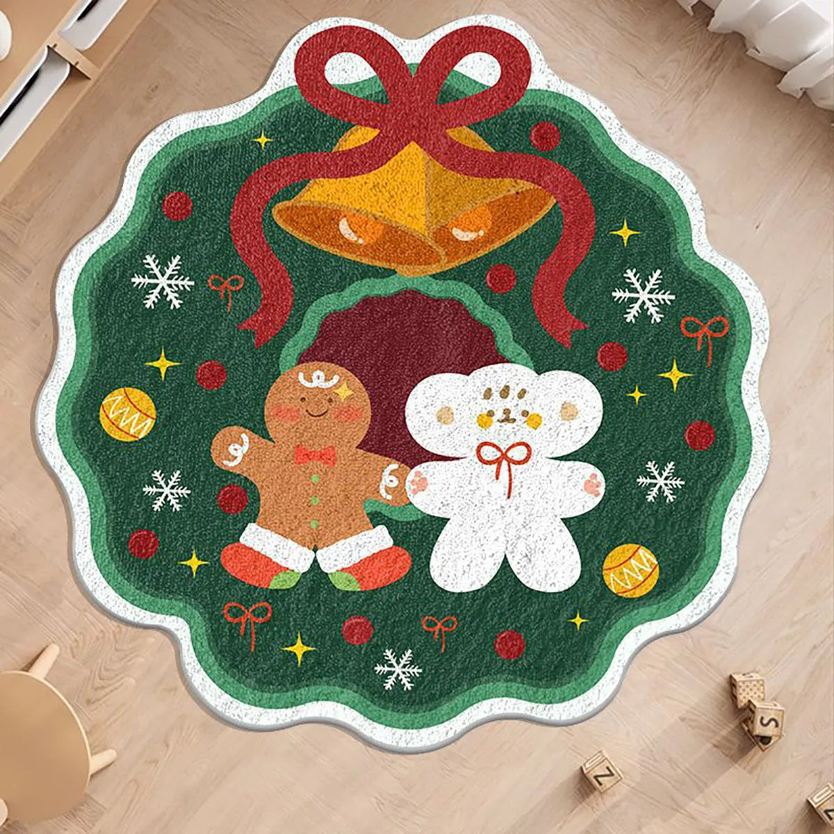 Round green and red Christmas-themed imitation cashmere floor mat with festive patterns.