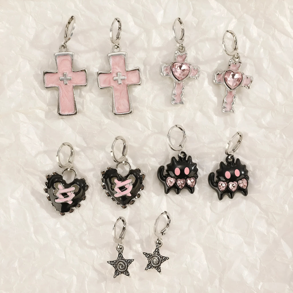 Women's alloy cross crystal earrings in white, black, and silver with geometric and character designs