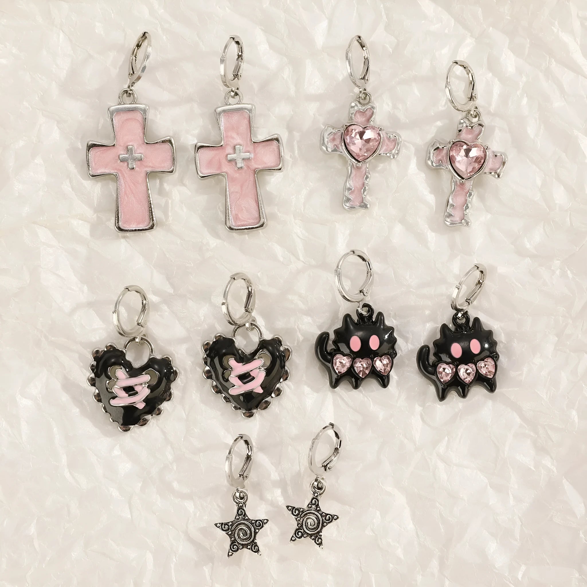 Women's alloy cross crystal earrings in white, black, and silver with geometric and character designs