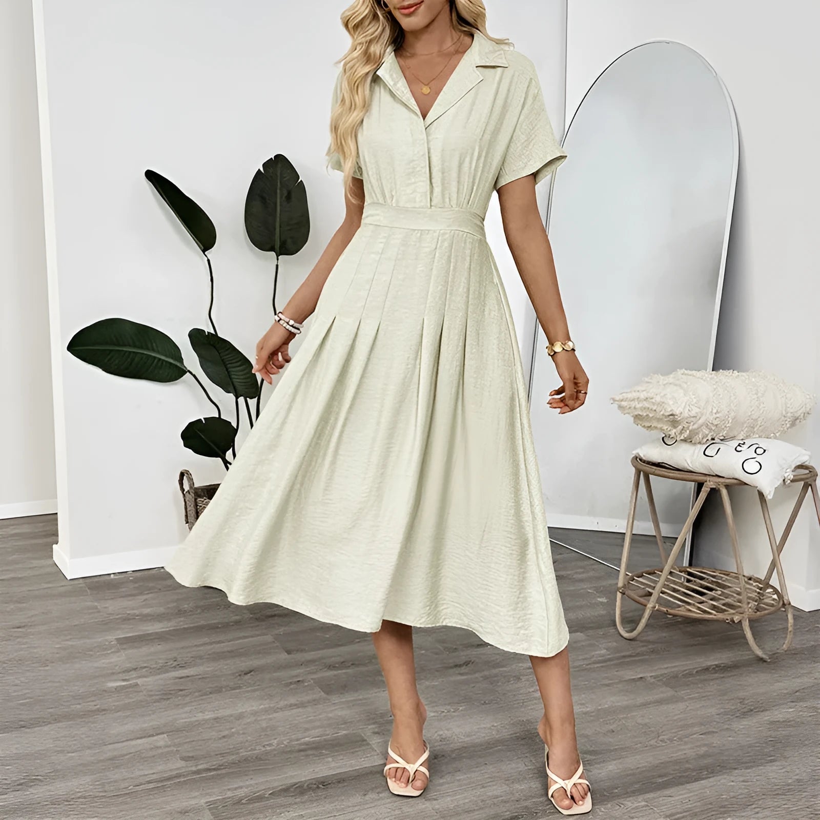 Light green lapel shirt dress with a waist tie and skirt pockets on a model.