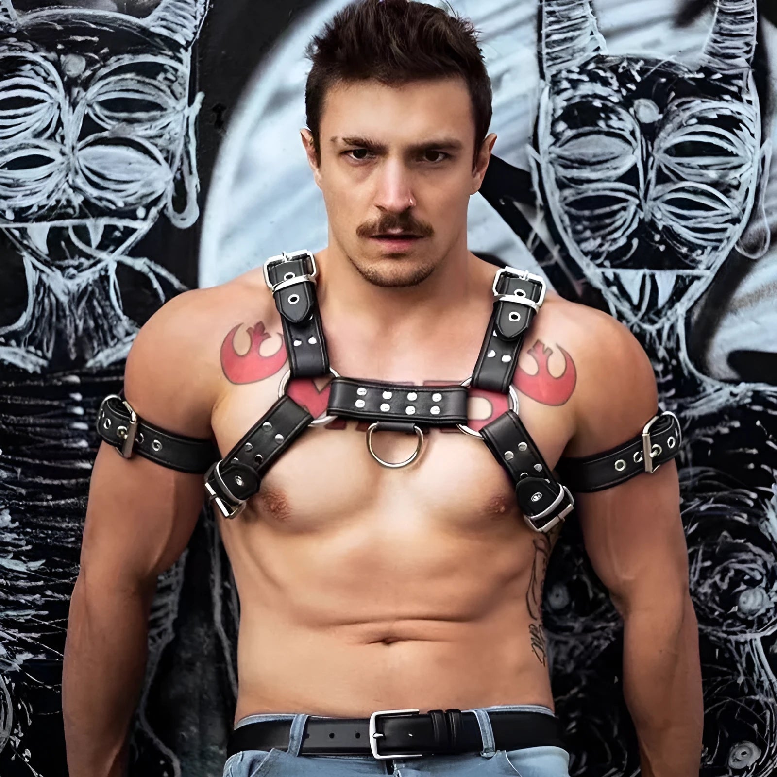 Black leather chest strap with metal buckle and rivet detailing for adult male costume wear