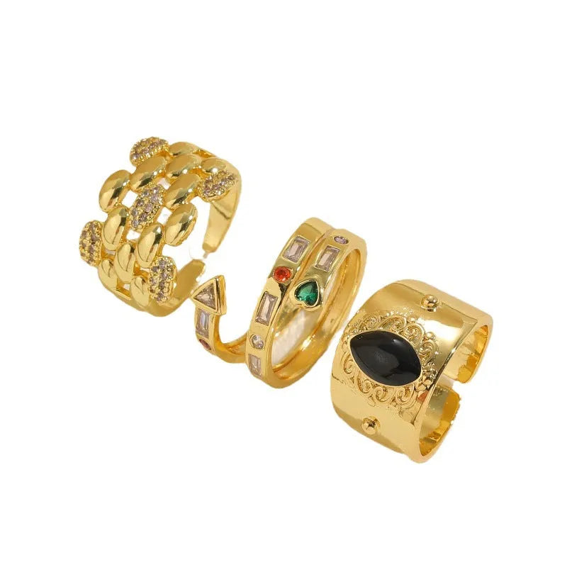 Geometric Chinese style electroplated copper ring in horse eye black colour showing structured design
