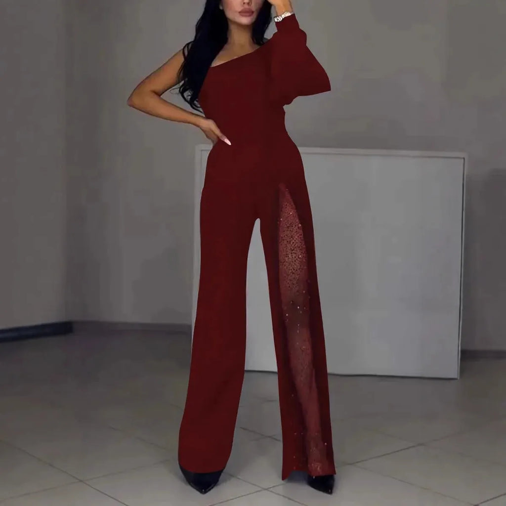 Women's long sleeve polyester jumpsuit with oblique shoulder and thigh-high slit in black, wine red, white, or dark blue.