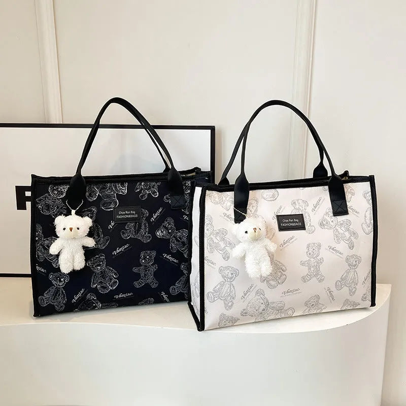 Women's printed canvas tote bag with rhombus pattern in black or white colours